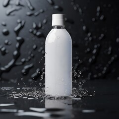 Wall Mural - Blank white drink bottle with water splash on black background