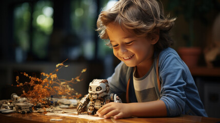 pleasant smart boy constructing robot while preparing for engineering contest at home.