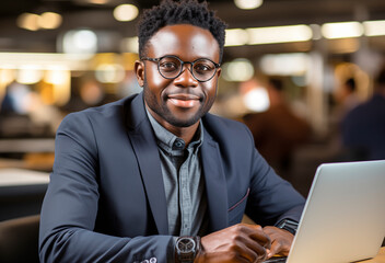 Wall Mural - super positive young man of African-American appearance office worker laughs from a job well done in a large office