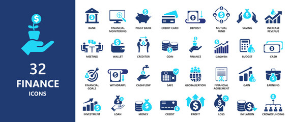 finance icons collection. 32 sets of finance icon designs. Solid icon elements.