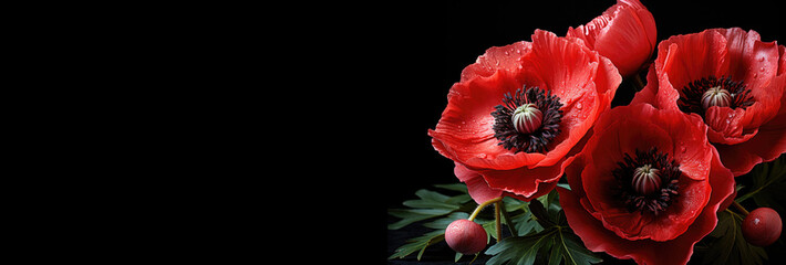 Red poppies on black background as Remembrance Day symbol