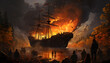 Sailing ship sails through night, waves, and smoke filled sky generated by AI