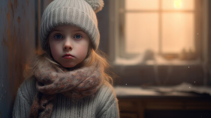 Wall Mural - Frozen sad little girl wearing a hat, scarf and sweater in her home next to a cold radiator