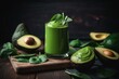 Healthy green smoothie with spinach and avocado on a wooden table. Generative AI