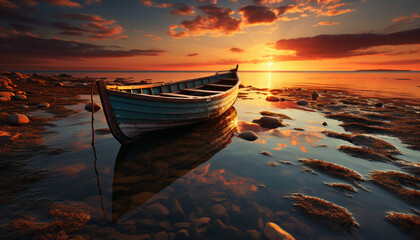 Poster - Tranquil sunset, nautical vessel sails on tranquil blue waters generated by AI