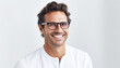 © Mali Jaroo - Portrait of young happy man with dioptric glasses. Reading glasses, Prescription glasses, Skin care beauty, Skincare cosmetics, Dental concept. On white background.