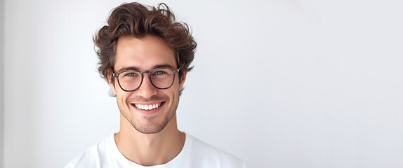 Wall Mural - Portrait of young happy man with dioptric, reading, prescription glasses, skin care beauty, skincare cosmetics, dental concept. White background. Copy space.