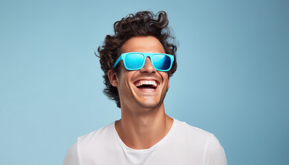 Wall Mural - Portrait of young happy man with sunglasses. Skin care beauty, Skincare cosmetics, Dental concept. On light blue background. 