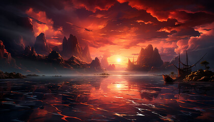 Poster - Sunset sky reflects on water, creating a tranquil, mysterious atmosphere generated by AI