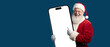 happy santa claus holding a giant smartphone with transparent screen png
