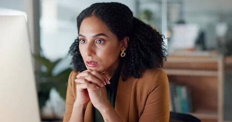 Aufkleber - Businesswoman at computer with stress, thinking and reading email, debt review or article on taxes at digital agency. Internet, research and woman at tech startup, anxiety and risk in audit report.