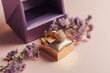 gold ring in a box on lilac background. Generative AI