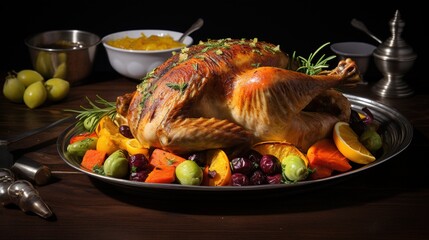 Wall Mural - Served split roasted stuffed small turkey with vegetables and tangerines.