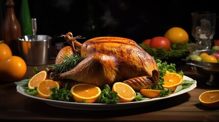 Wall Mural - Served split roasted stuffed small turkey with vegetables and tangerines.