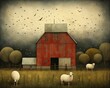 three sheep standing front red barn avian color rainfall balmy illustration wisconsin silo distinct