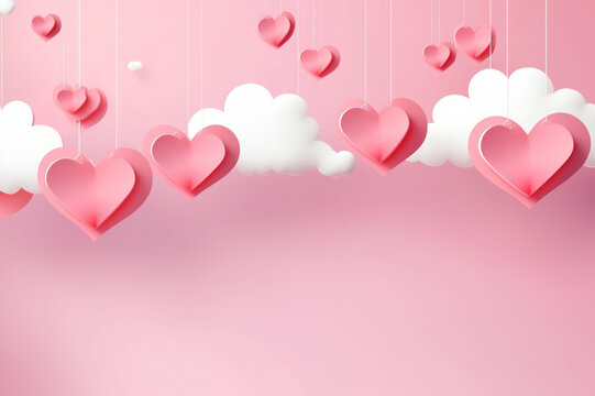 Happy Valentine's Day greeting background in papercut realistic style. Paper clouds, flying realistic hearts on a string. copy space.