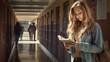 © CStock - portrait, Girl reading book in the school corridor