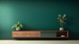 Fototapeta  - Home decoration concept,Living room with cabinet for tv on dark green color wall background