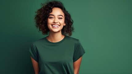 Portrait of funny young lady dressed casual t-shirt smiling on dark green background.