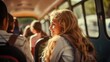 © CStock - Rear view Portrait schoolgirl sitting on the school bus, turning around and smiling with cell phone