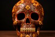 Traditional sugar skull with dark orange hues adorned with flowers and skeleton motif. Generative AI