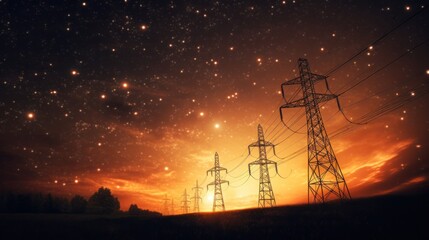 Electricity transmission towers with orange glowing wires the starry night sky. Energy infrastructure concept, energy, electricity, voltage, supply, pylon, technology.