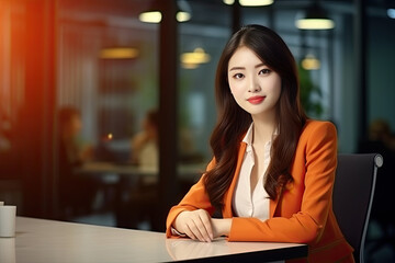 Portrait young asian businesswoman standing with confident with success of startup business in the office, business woman or entrepreneur, marketing and leader, employee and career, generative ai.