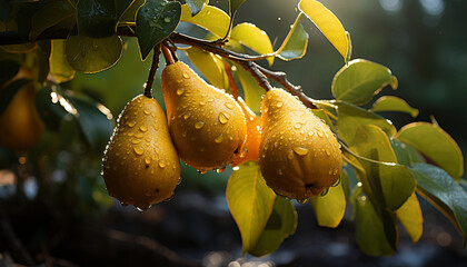 Wall Mural - Freshness of nature growth, green leaves on wet branches generated by AI