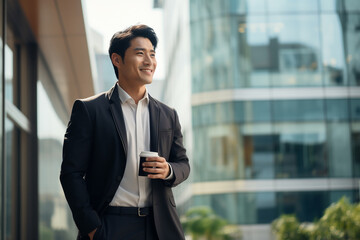 Wall Mural - confident asian businessman holding coffee standing outside of office building smile