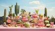 A set table with sweets in the desert of Mexico. Generated AI