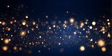 Abstract Background With Dark Blue And Gold Particle. Christmas Golden Light Shine Particles Bokeh On Navy Blue Background. Gold Foil Texture