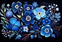 Illustration Of Vibrant Blue Flowers Against A Dark Background, Painted With Gouache Technique. Generative AI