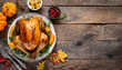 Roasted chicken with table. Traditional Christmas and Thanksgiving roasted whole chicken