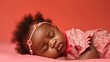 © Leaf - Cute afrikan's baby girl lying on floor sleeping with closed eyes in light red colour background generative ai