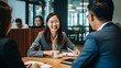 © yj - Happy busy executive management attorneys lawyers or recruiting team korean office people having business meeting, consulting client, consultancy services. generative AI