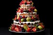 Image of a delectable cake adorned with fresh berries and apples. Generative AI