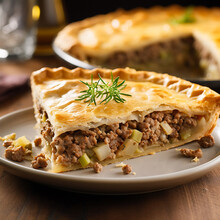 Traditional Homemade Tourtiere With Meat And Vegetables On A Wooden Background. AI Generative