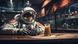 astronaut eating food in restaurant