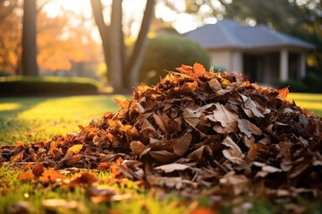 Wall Mural - The heap of dry leaves on the green lawn on the yard