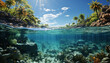Underwater reef, fish swimming in blue tropical climate water generated by AI