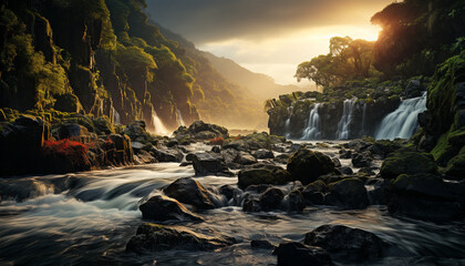 Wall Mural - Majestic mountain range, tranquil forest, flowing water, vibrant sunrise generated by AI