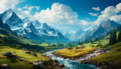 Wall Mural - Majestic mountain range reflects tranquil meadow in summer beauty generated by AI