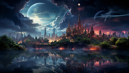 Wall Mural - Famous cityscape reflects night sky, a futuristic architectural galaxy generated by AI