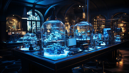 Poster - Modern bar with blue lighting, glass bottles reflect liquid elegance generated by AI