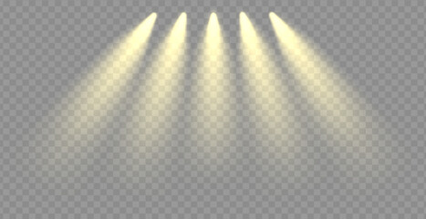 Poster - Vector rays of light flare effect. Cinema beam illuminate empty interior. Spotlight shine golden beams. Warm projector png stage award ceremony