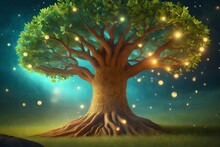 Beautiful Illustration Of Magic Tree Of Life, Sacred Symbol. Personal Individuality, Prosperity And Growth Concept. Retro Vintage Style Digital Art. 3D Illustration.
