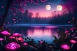 Fantasy mushrooms with lanterns in magical enchanted fairy tale landscape with forest lake, fabulous fairytale blooming pink rose flower garden on mysterious background, glowing moon ray in dark night