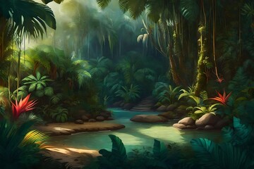  Illustration painting of fantasy tropical jungle environment colorful vector concept art