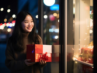 Wall Mural - A young man with a Christmas present stands at a street window at night