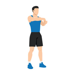 man doing standing palm down wrist stretch exercise. flat vector illustration isolated on white back